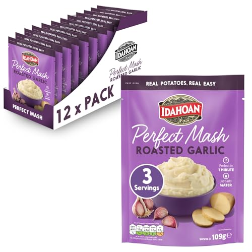 Idahoan Roasted Garlic Mash Potato Pack of 12 - Gluten Free Vegetarian Mash Potatoes Cooks in 1 Minute Ready to Eat Food Roasted Garlic Bulk