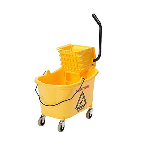 Amazon Basics Side Press Wringer Combo Commercial Floor Cleaning Rectangular Mop Bucket on Wheels, 35-Quart, YellowHeav