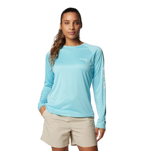 Columbia Womens PFG Tidal Tee II Long Sleeve Sun Protection Shirt, Clear Blue/White Logo, Medium