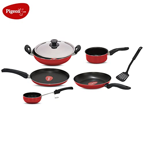 Pigeon Favourite 7 Piece Gift Set Non-Stick Coated Comes with Fry Pan, Kadhai, Lid, Sauce Pan, Spatula, Tadka Pan and a Tawa - Gas Stove Compatible (R
