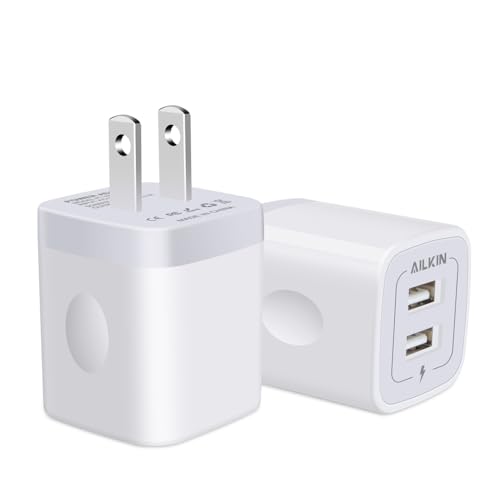 USB Wall Charger, Charger Adapter, AILKIN 2-Pack 2.1A Dual Port Quick Plug Cube for iPhone 15 14 13 12 11 Pro Max 10 SE X XS Plus Samsung Galaxy S23 S22 S21 Power Block Fast Charging Box Brick