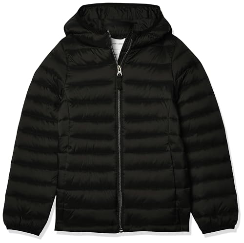 Amazon Essentials Girls' Lightweight Water-Resistant Packable Hooded Puffer Jacket, Black, Large