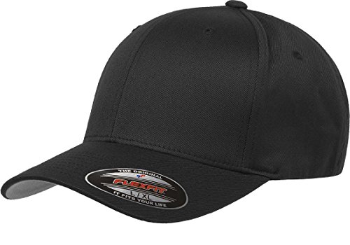 Flexfit Men's Wooly Combed Twill Fitted Baseball Cap, Black, Small-Medium