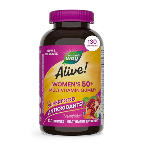 Nature's Way Alive! Women’s 50+ Daily Gummy Multivitamin, Supports Multiple Body Systems* , Supports Healthy Heart, Brain & Bones*, B-Vitamins, Mixed Berry Flavored,130 Gummies (Packaging May Vary)