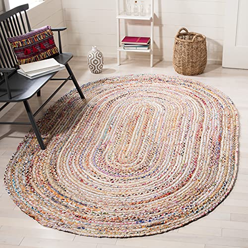 SAFAVIEH Area Rug 4x6 Oval - Cape Cod Collection - Beige & Multi, Handmade Jute & Cotton, Woven Braided Design (CAP202B)