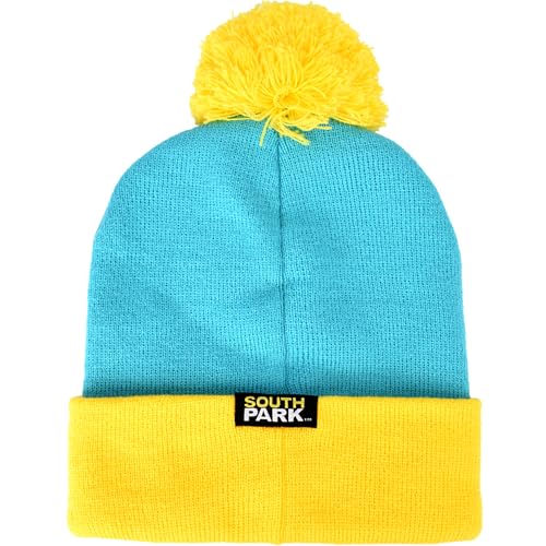 South Park Cartman Cosplay Knitted Acrylic Winter Beanie Hat with Pom Pom, Turquoise/Yellow, One Size