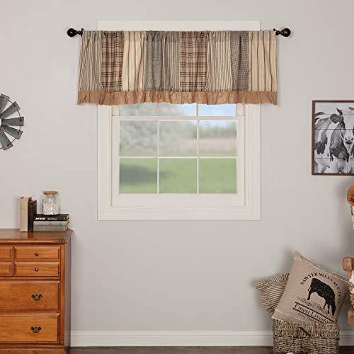 VHC Brands Sawyer Mill Charcoal Farmhouse Curtains for Kitchen Window Topper Linen Plaid Striped Patchwork Ruffled Light Filtering (Valance 19x72)