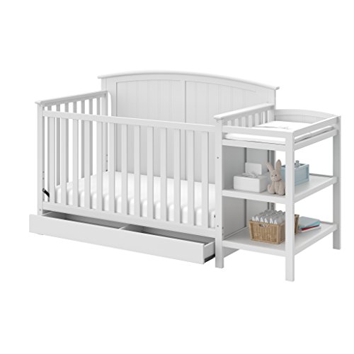 Storkcraft Steveston 5-in-1 Convertible Crib and Changer with Drawer (White) – GREENGUARD Gold Certified, Crib and Changing -Table Combo with Drawer, Converts to Toddler Bed, Daybed and Full-Size Bed