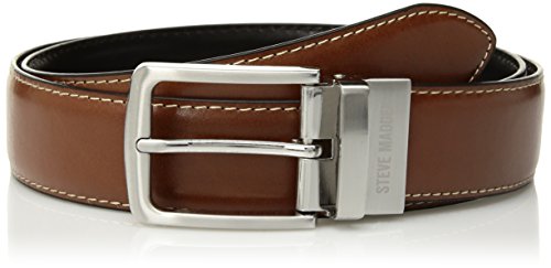 Steve Madden Reversible Men's Dress Casual Every Day Leather Belt, Cognac/Black (Feather Edge), 36