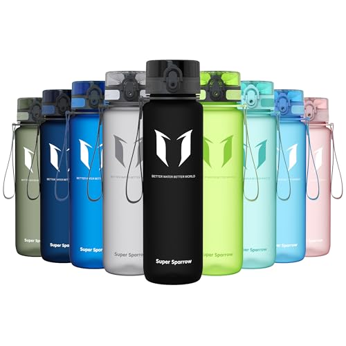 Super Sparrow Botella de Agua Deportiva - 1000ml - Sin BPA (Mate- Negro) | Antifugas, Plastico Botella de Agua, Ligera, Apta para Lavavajillas, Flip Top, Ergonómica, Gym, Oficina, Viaje, Ciclismo