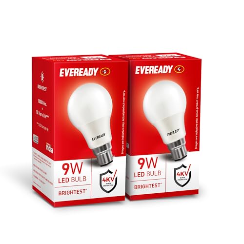 EVEREADY 9W LED Bulb, Cool Day Light (6500K), B22 Base Energy-Efficient, 4kV Surge Protection, Long-Lasting Durability, Pack of 2
