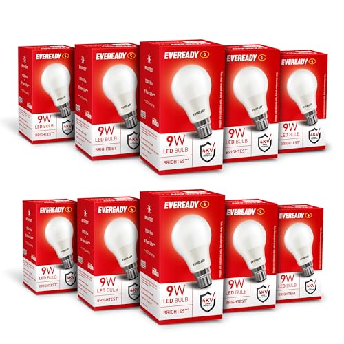 Eveready 9W LED Bulb, Cool Day Light (6500K), B22 Base, Energy-Efficient, 4kV Surge Protection, Long-Lasting Durability - Pack of 10 Eveready 9W LED B