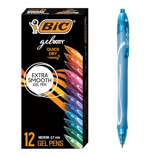 BIC Gelocity Quick Dry Gel Pens with Vivid colors and Smooth Writing, 0.7 mm Medium Point, 12-Count in Assorted Ink