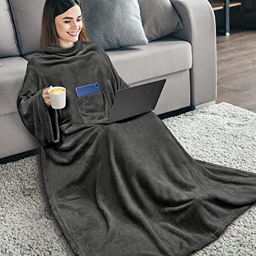 PAVILIA Wearable Blanket with Sleeves for Adult Women Men, Cozy Fleece Warm Wrap Throw Blanket with Arms, Pocket, Gifts for Christmas, Wife, Dark Grey