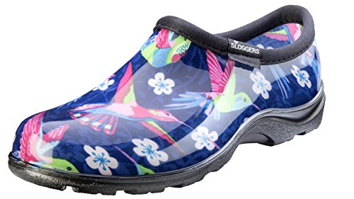 Sloggers Original Waterproof Rain and Garden Shoe for Women– Outdoor Slip-On Garden Clog - Made in The USA with Premium Comfort Insole and Arch Support - Blue/Pink Hummingbird Print, Size 10