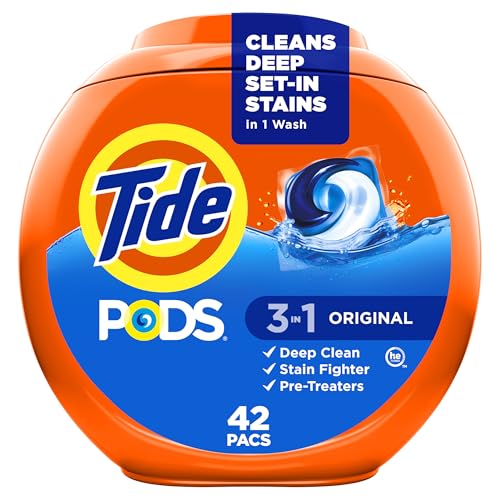 Tide PODS laundry detergent pacs, 3-in-1 Stain Remover, Odor Fighter, Color Protector, 42 Count, HE compatible, Original