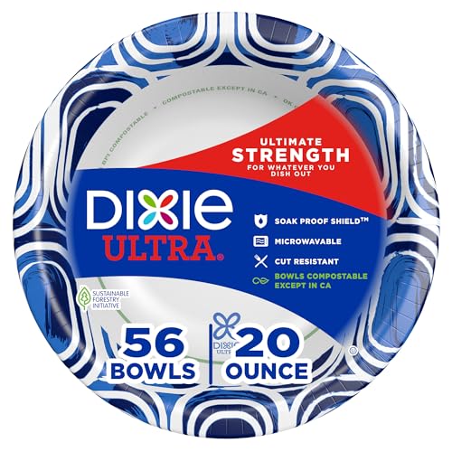 Dixie Ultra, Large Paper Bowls, 20 Oz, 56 Count, Microwave Safe, Compostable, Disposable Bowls Great For Breakfast, Lunch, And Dinner Meals