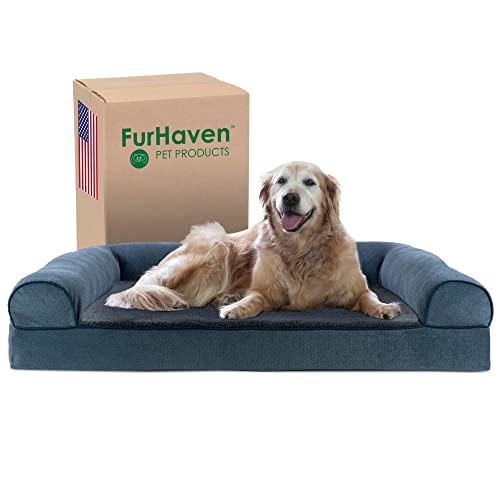 FurHaven Cooling Gel Dog Bed for Large Dogs w/Removable Bolsters & Washable Cover, For Dogs Up to 95 lbs - Sherpa & Chenille Sofa - Orion Blue, Jumbo/XL