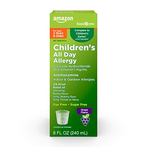 Amazon Basic Care 24 Hour Allergy Relief for Children, Cetirizine Hydrochloride Oral Solution 1 mg/mL, Grape Flavor, Dye Free, 8 fl oz (Pack of 1)