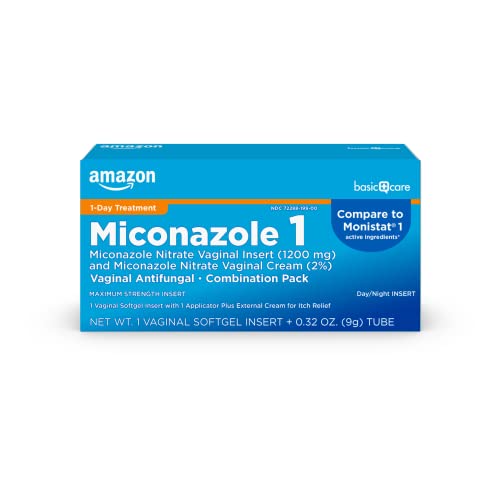 Amazon Basic Care Miconazole Nitrate Vaginal Insert 1200 mg and Miconazole Nitrate Cream 2 Combination Vaginal Yeast Infection, White, 0.32 Ounce (Pack of ), 1 Count