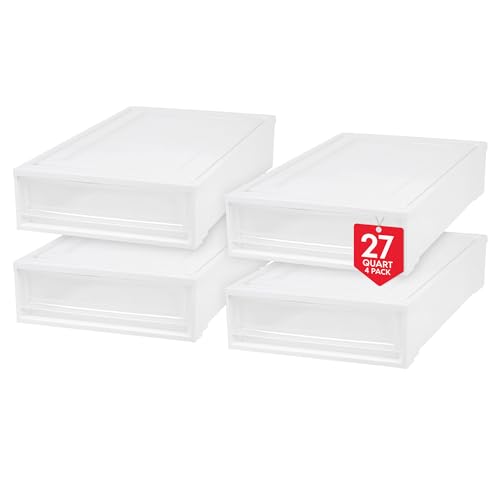 IRIS USA 27 Qt. Plastic Under Bed Storage Stackable Organizer Bin Container with Sliding Organizer Drawers, 4-Pack, Mult