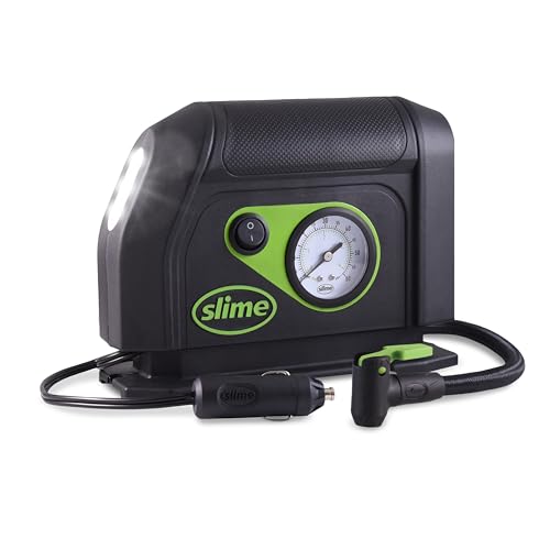 Slime 40050 Tire Inflator, Portable Car Air Compressor, with Analog 100 psi Dial Gauge, Long Hose and LED Light, 12V, 8 min Inflation