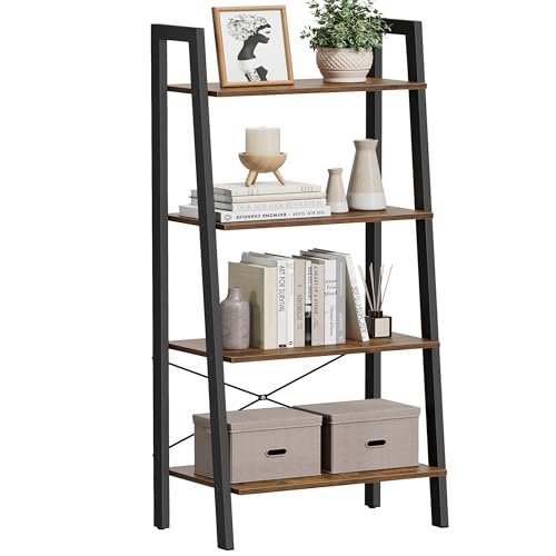 VASAGLE Ladder Shelf, 4-Tier Bookshelf, Storage Rack, Bookcase with Steel Frame, for Living Room, Home Office, Kitchen, Bedroom, Industrial Style, Rustic Brown and Ink Black ULLS44X