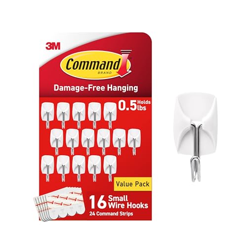 Command Small Wire Toggle Hooks, 16 Hooks and 24 Command Strips, Damage-Free Hanging Wall Hooks with Adhesive Strips, No Tools Adhesive Hooks for Hanging, Organization and Storage, Holds up to 0.5 lb