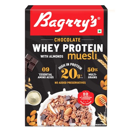 Bagrry's Whey Protein Muesli 500gm Box | 20gm Protein | Chocolate Flavour| Whole Oats & Californian Almonds| Breakfast Cereal|Protein Rich| Premium Am