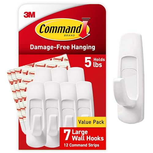 Command 5 lb Large Utility Hooks, 7 Hooks and 12 Strips, Damage-Free Adhesive