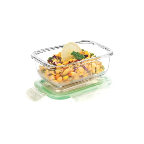 SIGNORA WARE Borosilicate Glass Rectangular Container with Lid, 370ml, Clear, Microwave & Freezer Safe, Airtight & Leakproof for Kitchen Use, Lunch Bo
