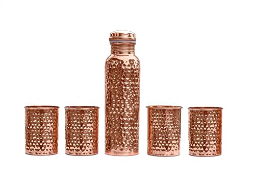 Signoraware Copper Bottle with 4 Glasses (900 Ml Bottle + 4 Glass 275 Ml) (Hammered), Set of 5