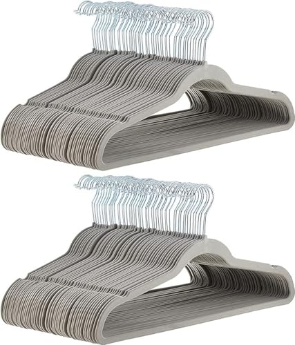 Amazon Basics Kleiderbügel für Anzug / Kostüm, mit Samt überzogen, 100er-Pack, Grau