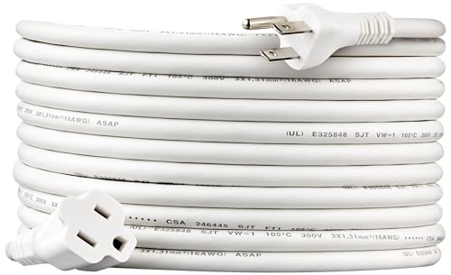 Amazon Basics Extension Cord, 20 Ft, 3 Prong Outlet Extender, Indoor Extension Cord, 13 Amps, 125V, White