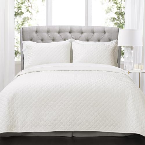 Lush Decor Quilt Diamond Pattern Solid 3 Piece Oversized Bedding Blanket Bedspread Set, Cotton, White, King