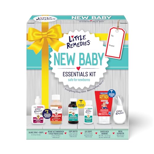 Little Remedies New Baby Essentials Kit with Saline Nasal Spray, Diaper Rash Cream, Gas Relief Drops, Gripe Water & More, Safe for Newborns