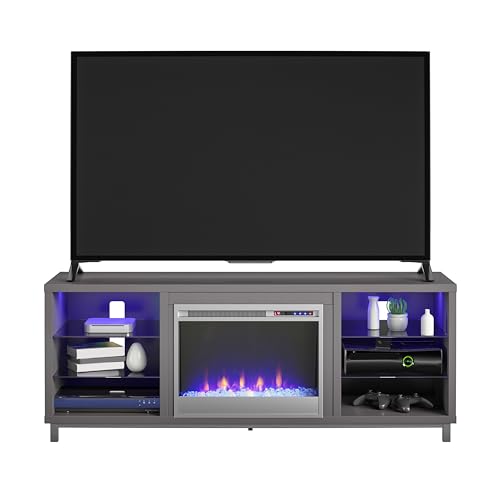 Ameriwood Home Lumina Fireplace TV Stand for TVs up to 70 Inch, Replaceable Electric Fireplace Insert Heater, Remote Control, Timer, Color Changing LED Lights, Crystal Ember Flames, Graphite Gray
