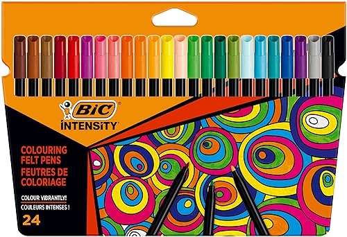 BIC Intensity Feutres de Coloriage Encre Lavable à Base d'Eau - Corps Noir - Couleurs Assorties, Pack de 24