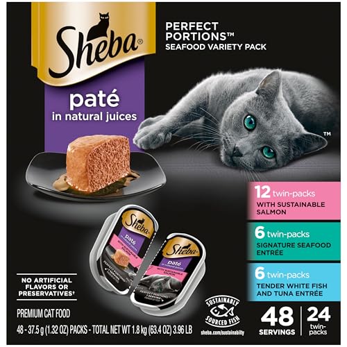 Sheba Perfect Portions Wet Cat Food Pate with Sustainable Salmon, Signature Seafood Entree, and Tender Whitefish and Tuna Entree Variety Pack, 2.6 oz. Twin Pack Trays (24 Count, 48 Servings)