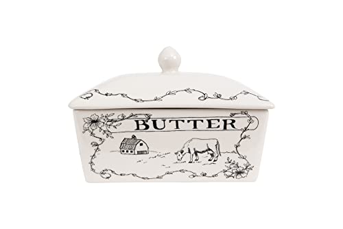 Creative Co-Op Country Stoneware Butter Dish with Lid, Spread The Love Message, and Farm...