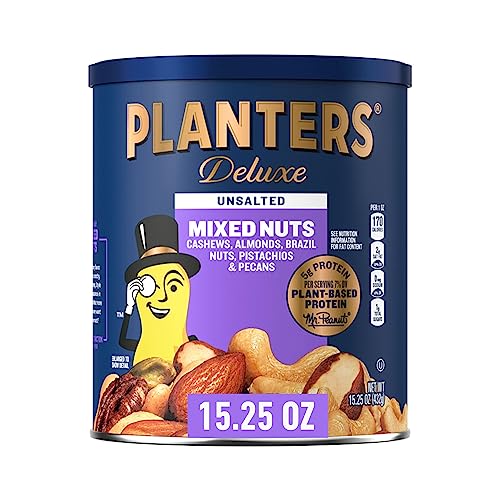 PLANTERS Unsalted Mixed Nuts, Cashews, Pistachios, Almonds, Brazil Nuts, and Pecans, Plant-Based Protein Snacks, 15.25 oz Canister