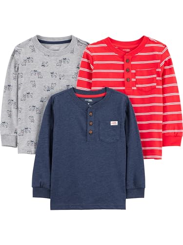 Simple Joys by Carter's Toddler Boys 3- Pack Long Sleeve Shirt, grey, navy, red stripe, 2T