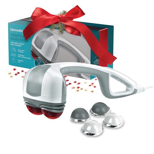 Homedics Back Massager - Heated Automatic Percussion Back, Body and Neck Massager with Dual Pivoting Heads, Interchangeable Nodes, for Shoulders, Legs and Feet, White