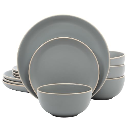 Gibson Home Rockaway 12-Piece Stoneware Dinnerware Set, Matte Finish, Service for 4, Modern Ceramic Plates and Bowls, Mi
