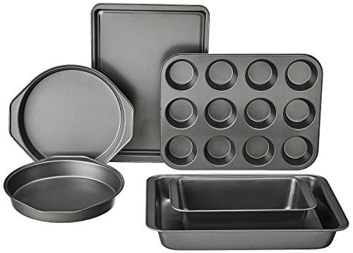 Amazon Basics 6 Piece Nonstick, Carbon Steel Oven Safe Bakeware Set with Cake, Muffin, Cookie, and Loaf Pans, 6 Piece, 1