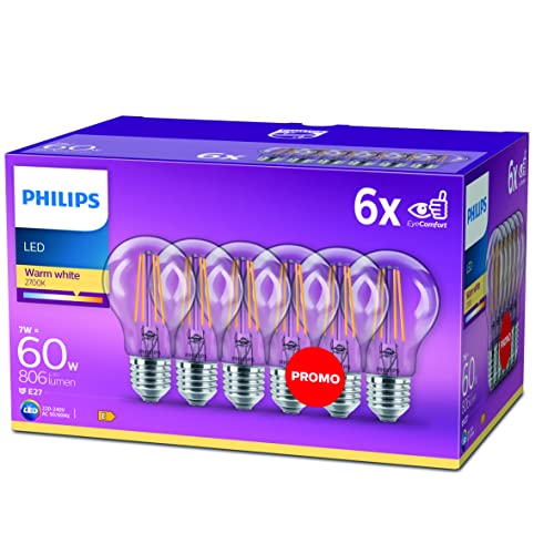 (-27%) PHILIPS LED Classic E27 Filament Lampen 6er-Pack 60 W Warmweiß Energiesparend