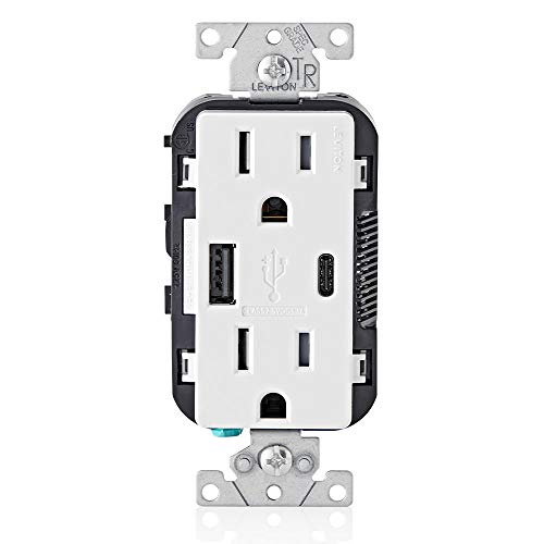 Leviton Type A & Type-C USB In-Wall Charger with 15A Tamper-Resistant Outlet, USB Charger for Smartphones and Tablets, Not for Laptops, T5633-W, White