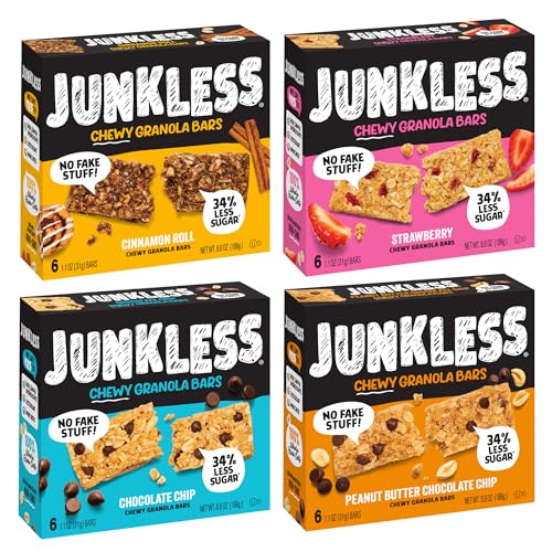 JUNKLESS Chewy Granola Bar 4‑Flavor Variety Pack (24 Bars)–Non‑GMO, Gluten‑Free, Less Sugar Snack Bars— Chocolate Chip, Peanut Butter Chocolate Chip, Cinnamon Roll & Real Strawberry, 4 Boxes