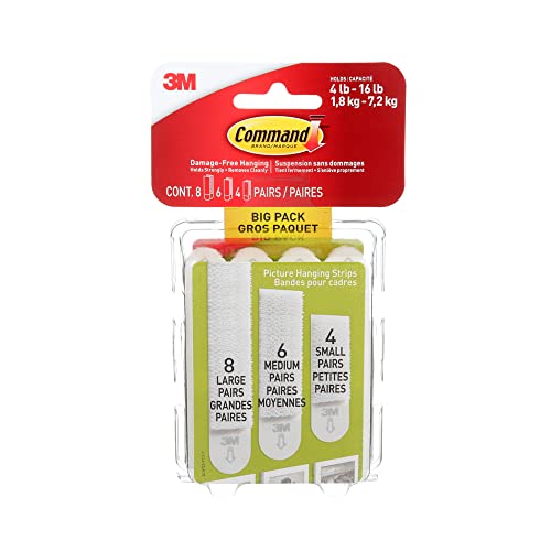 3M Command Picture Hanging Strips Big Pack, Removable, (4) Small, (6) Medium, (8) Large, White, 18 Pairs/Pack