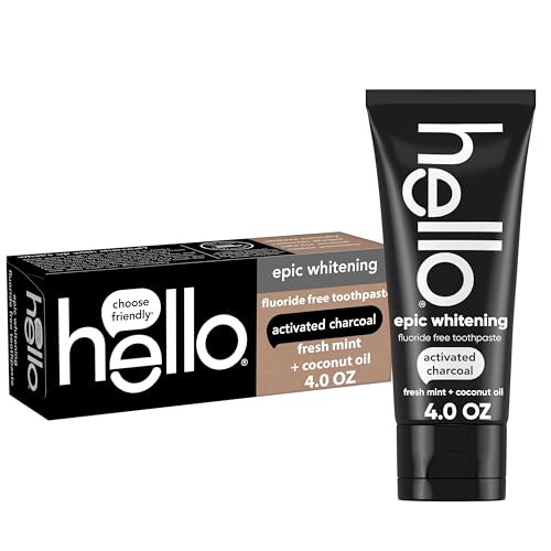 hello Epic Whitening Charcoal Fluoride Free Toothpaste, Activated Charcoal Toothpaste with Coconut Oil, Whitens Teeth Naturally, SLS Free, Fresh Mint, 4.0 Oz Tube